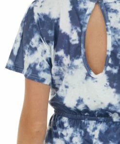 LE FEMME FASHION Stormy Blue Tie Dye Short Sleeve Knit Romper With Front Tie