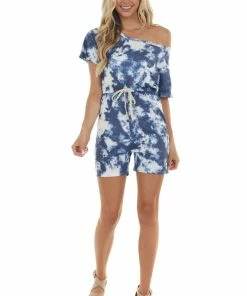 LE FEMME FASHION Stormy Blue Tie Dye Short Sleeve Knit Romper With Front Tie