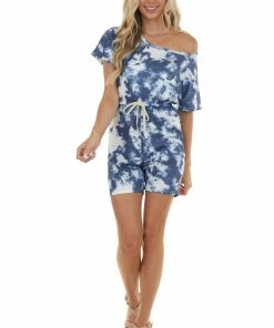 LE FEMME FASHION Stormy Blue Tie Dye Short Sleeve Knit Romper With Front Tie