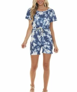 LE FEMME FASHION Stormy Blue Tie Dye Short Sleeve Knit Romper With Front Tie