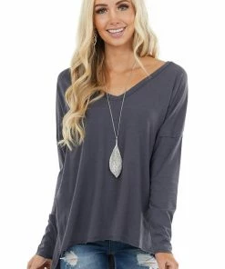 143 Story Stormy Grey Long Sleeve Top With Side Slit Detail Tops