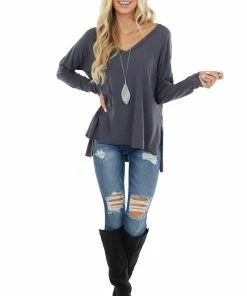 143 Story Stormy Grey Long Sleeve Top With Side Slit Detail Tops