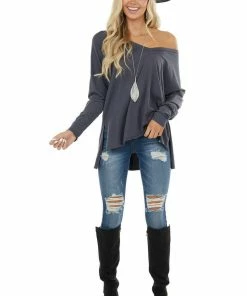 143 Story Stormy Grey Long Sleeve Top With Side Slit Detail Tops