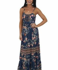 ANGIE Stormy Grey Printed Sleeveless Tie Front Maxi Dress