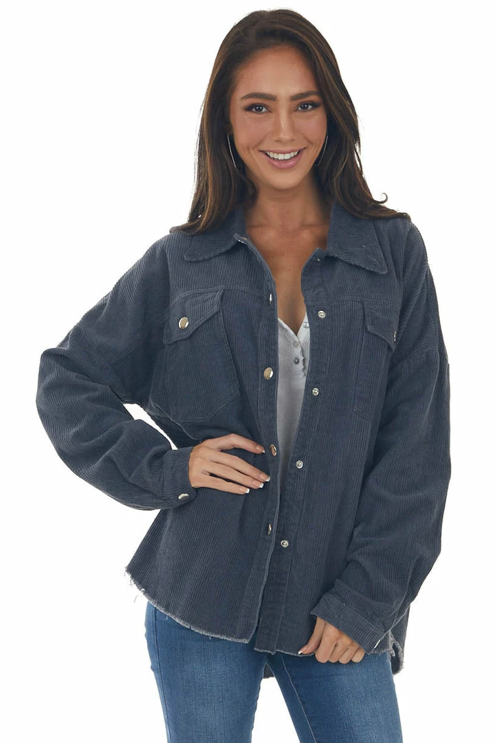 143 Story Tops Stormy Grey Snap Button Down Corduroy Shacket 3 143 Story Tops Stormy Grey Snap Button Down Corduroy Shacket