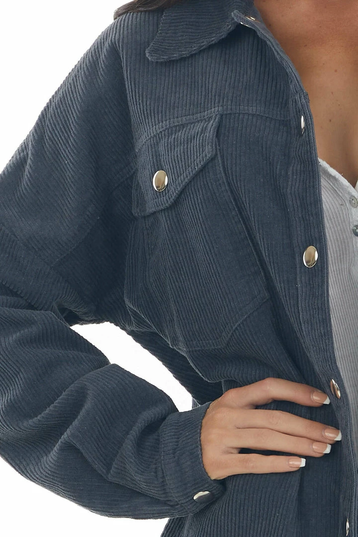 143 Story Tops Stormy Grey Snap Button Down Corduroy Shacket 9 143 Story Tops Stormy Grey Snap Button Down Corduroy Shacket