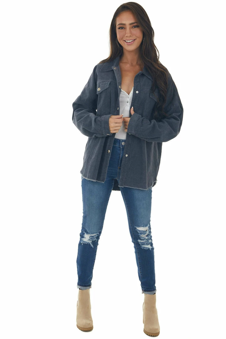 143 Story Tops Stormy Grey Snap Button Down Corduroy Shacket 5 143 Story Tops Stormy Grey Snap Button Down Corduroy Shacket