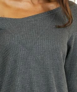 7th Ray Tops Stormy Grey Waffle Knit Long Sleeve Top With V Stitch