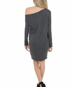 Cherish Charcoal Off Shoulder Long Sleeve Semi Fitted Short Dress