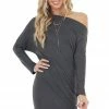 Cherish Charcoal Off Shoulder Long Sleeve Semi Fitted Short Dress