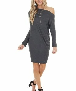 Cherish Charcoal Off Shoulder Long Sleeve Semi Fitted Short Dress