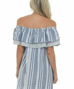 Umgee Stormy Striped Ruffle Off The Shoulder Dress Dresses