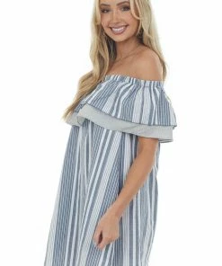 Umgee Stormy Striped Ruffle Off The Shoulder Dress Dresses