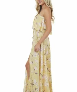 Aakaa Straw Floral Sleeveless Side Slit Maxi Dress