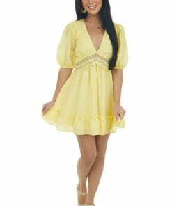 HYFVE Sunshine Lace Waist Puff Sleeve Mini Dress Dresses