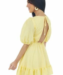 HYFVE Sunshine Lace Waist Puff Sleeve Mini Dress Dresses