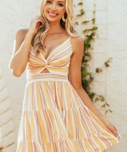 ANGIE Dresses Sunshine Striped Front Knot Sleeveless Mini Dress