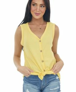 7th Ray Tops Sunshine Waffle Knit Front Tie Button Up Top