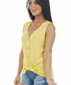 7th Ray Tops Sunshine Waffle Knit Front Tie Button Up Top