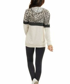 7th Ray Tops Tan Leopard Colorblock Hooded Sweatshirt With Front Pocket