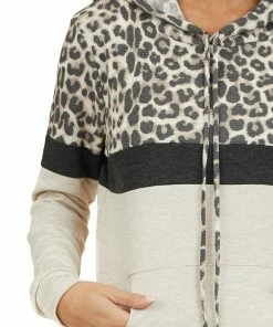 7th Ray Tops Tan Leopard Colorblock Hooded Sweatshirt With Front Pocket