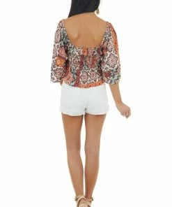 ANGIE Tangerine Multicolor Abstract Print Smocked Bodice Crop Top Tops