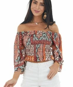 ANGIE Tangerine Multicolor Abstract Print Smocked Bodice Crop Top Tops