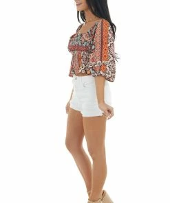 ANGIE Tangerine Multicolor Abstract Print Smocked Bodice Crop Top Tops