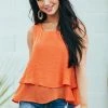 Umgee Tangerine Round Neck Woven Tank Top With Tier Detail Tops