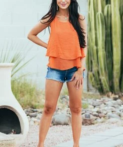 Umgee Tangerine Round Neck Woven Tank Top With Tier Detail Tops 10 Umgee Tangerine Round Neck Woven Tank Top With Tier Detail Tops