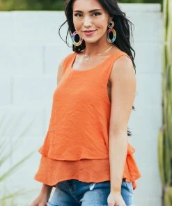 Umgee Tangerine Round Neck Woven Tank Top With Tier Detail Tops 11 Umgee Tangerine Round Neck Woven Tank Top With Tier Detail Tops