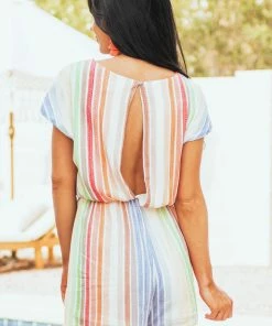 She + Sky Dresses Tangerine Striped Cap Sleeve V Neck Woven Romper