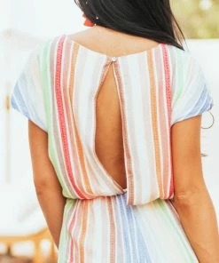 She + Sky Dresses Tangerine Striped Cap Sleeve V Neck Woven Romper