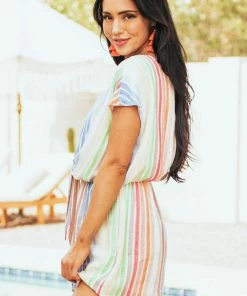 She + Sky Dresses Tangerine Striped Cap Sleeve V Neck Woven Romper