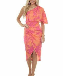 Do + Be Tangerine Tropical One Shoulder Wrap Dress