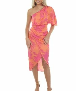 Do + Be Tangerine Tropical One Shoulder Wrap Dress