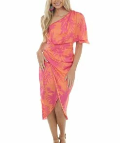 Do + Be Tangerine Tropical One Shoulder Wrap Dress