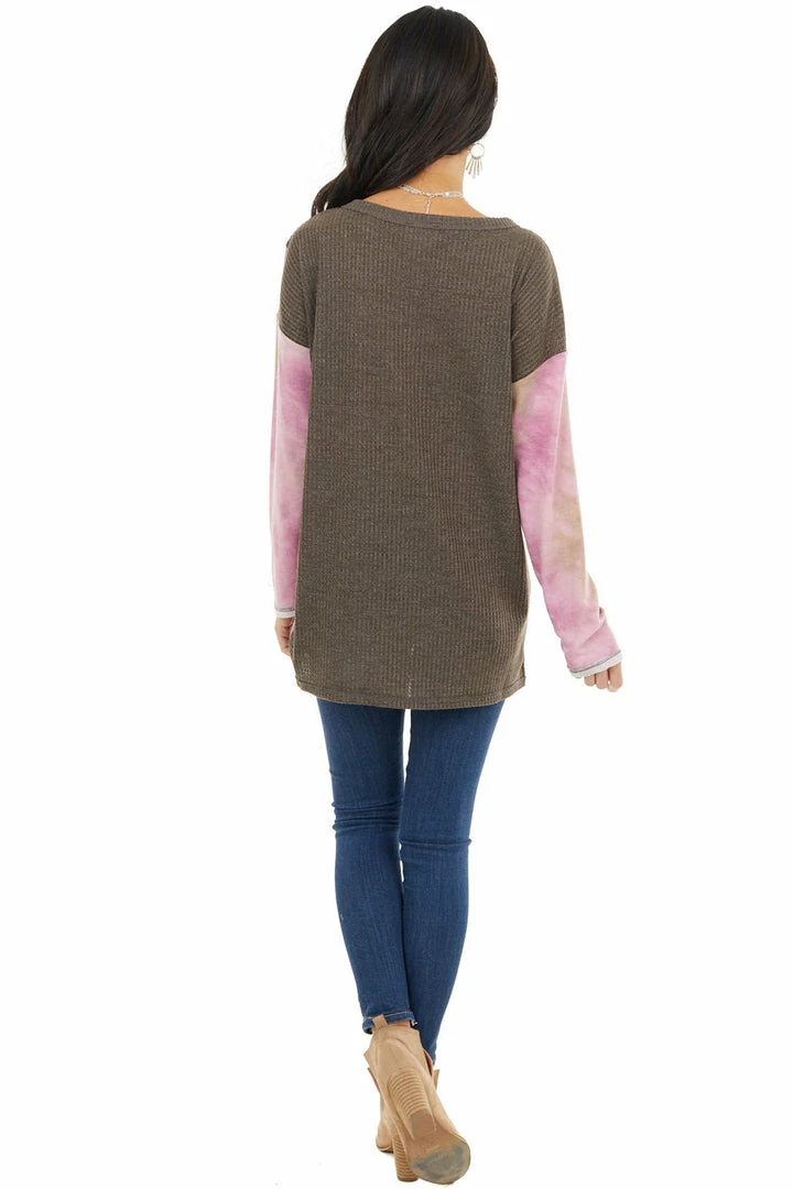 BiBi Tops Taupe And Blush Colorblock Long Sleeve Top With Tie Dye 9 BiBi Tops Taupe And Blush Colorblock Long Sleeve Top With Tie Dye
