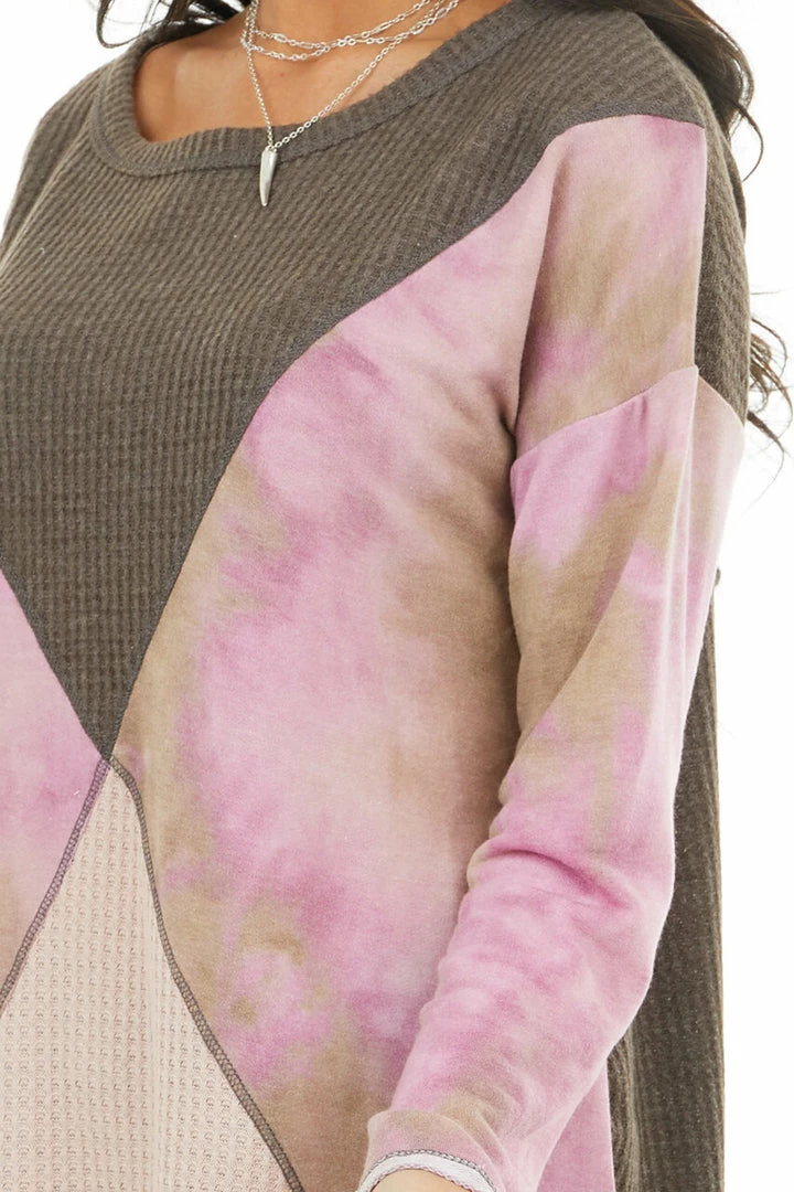 BiBi Tops Taupe And Blush Colorblock Long Sleeve Top With Tie Dye 10 BiBi Tops Taupe And Blush Colorblock Long Sleeve Top With Tie Dye