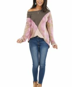 BiBi Tops Taupe And Blush Colorblock Long Sleeve Top With Tie Dye 22 BiBi Tops Taupe And Blush Colorblock Long Sleeve Top With Tie Dye
