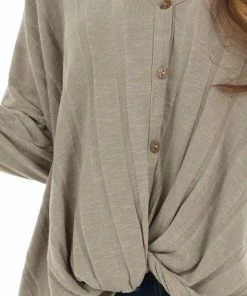 Chrysanthemum Tops Taupe Button Up Long Sleeve Knit Top With Front Knot Detail