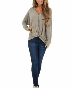 Chrysanthemum Tops Taupe Button Up Long Sleeve Knit Top With Front Knot Detail