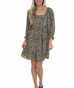 Jodifl Taupe Dalmatian Tiered Puff Sleeve Dress