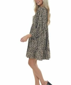 Jodifl Taupe Dalmatian Tiered Puff Sleeve Dress