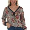 Haptics Taupe Floral Print Long Sleeve V Neck Knit Top Tops