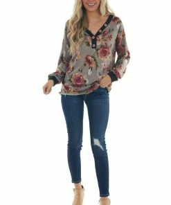 Haptics Taupe Floral Print Long Sleeve V Neck Knit Top Tops