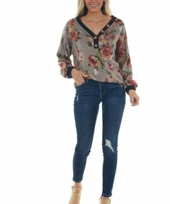 Haptics Taupe Floral Print Long Sleeve V Neck Knit Top Tops
