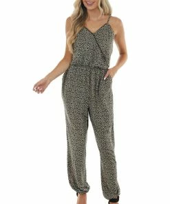 Kori America Dresses Taupe Leopard Sleeveless Surplice Jumpsuit