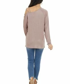BiBi Tops Taupe Long Sleeve Knit Top With Ladder Detail