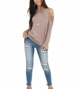 BiBi Tops Taupe Long Sleeve Knit Top With Ladder Detail